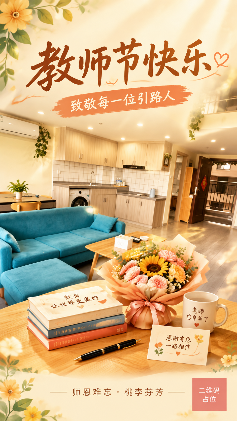 基于这张温馨家居客厅场景图，制作一张教师节节日祝福海报。保留原… - 图片创意预览