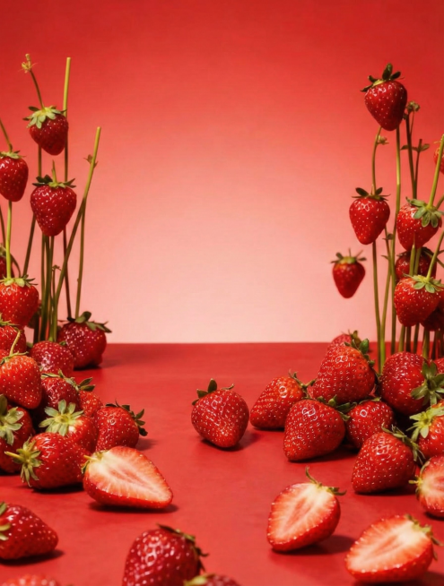 参考图1生成相同风格样式的海报背景，不要产品图和文字，周围草莓点缀预览效果