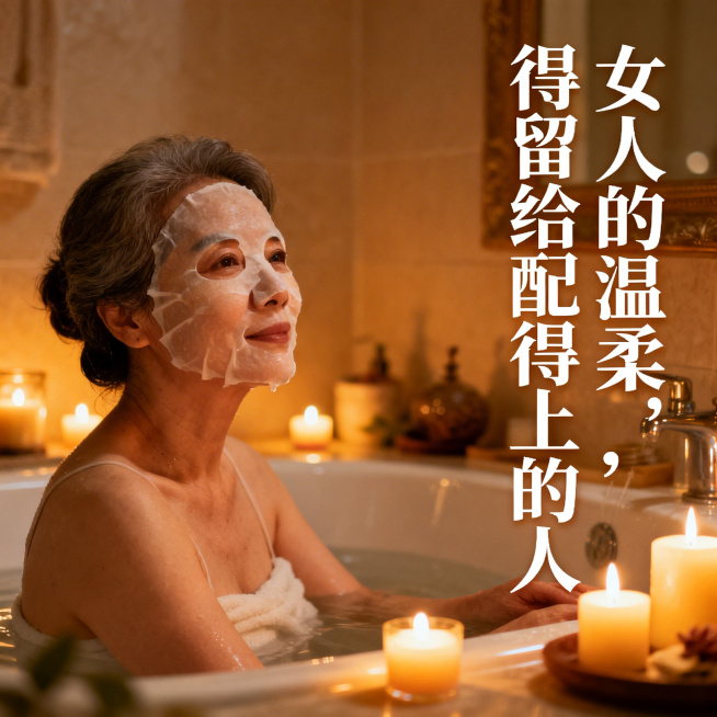 1:1封面主图，主题为#中年女性#自我觉醒 #婚姻感悟，画面为中年女性在浴室敷面膜，点缀香薰蜡烛，添加文字"女人的温柔，得留给配得上的人"，文字醒目排版温馨，整体氛围松弛治愈预览效果