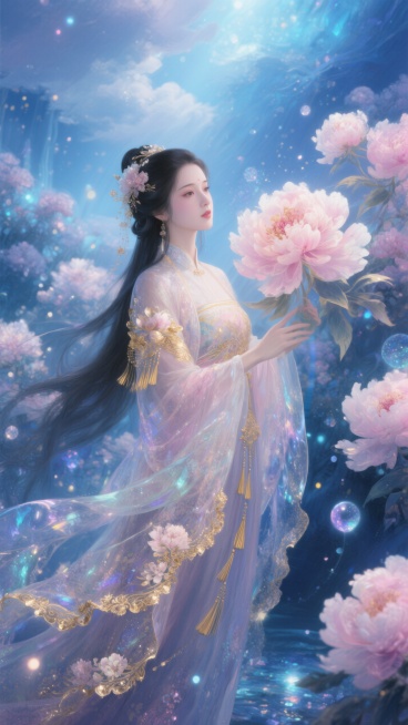 九维人物设定，九维概念设定， 全息九维蓝色世界，金色透明流苏花边，身上是九维长裙，长发，九维中国风，光荧斑驳，唯美插画，超级细节，超级繁复，九维云花海空间，古风牡丹仙子，国色天香，娇艳欲滴，绝色容颜，预览效果