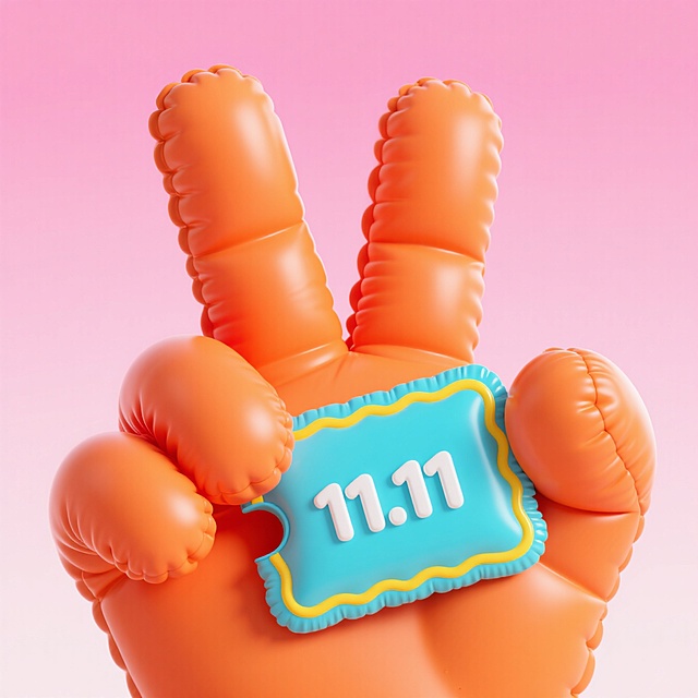 软3D风格的充气手比出胜利手势，手持蓝黄边框的“11.11”标签，粉色渐变背景，充满可爱、卡通与梦幻感，突显双11节日氛围。