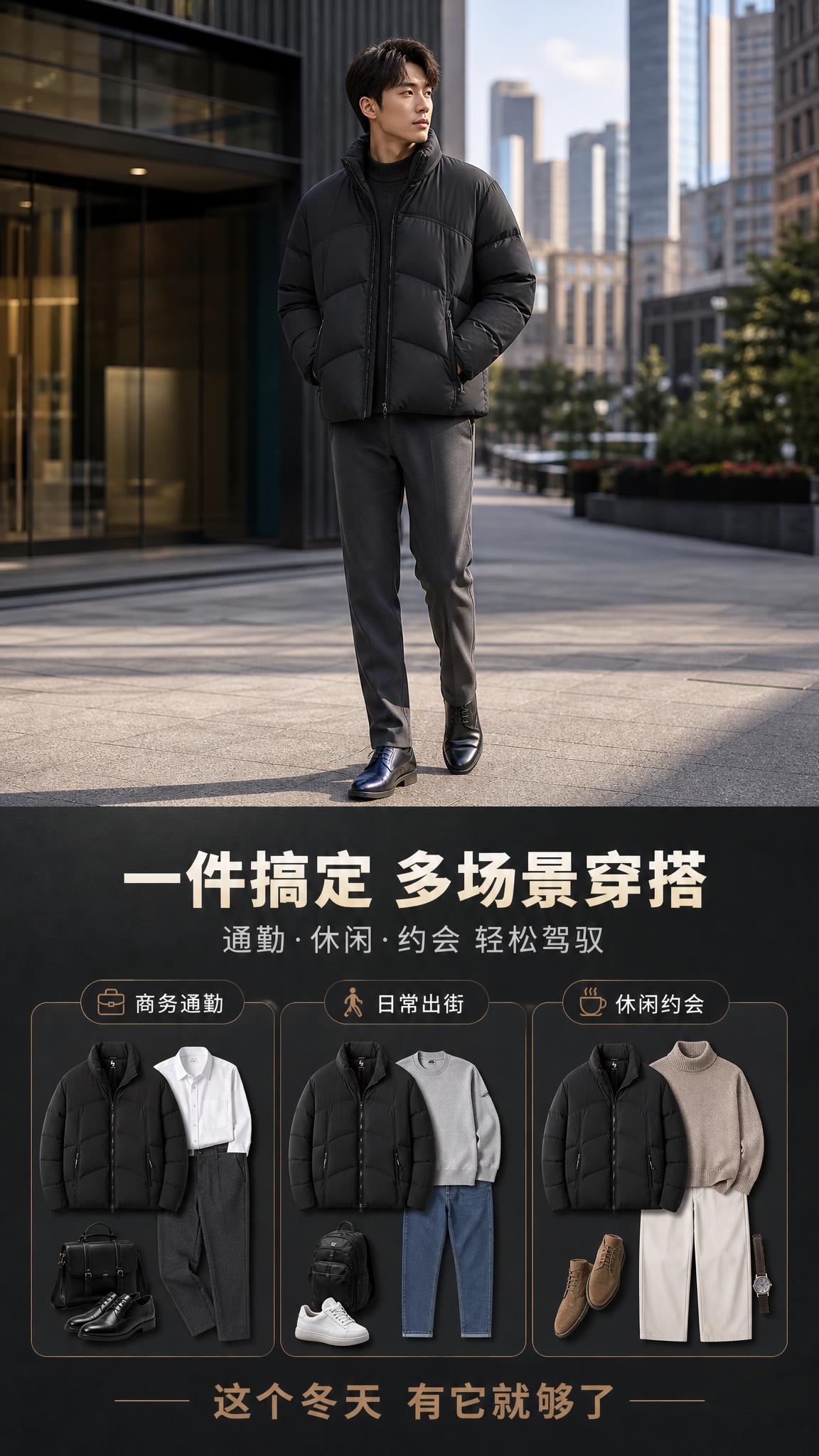 [商品] 使用【图1】男士黑色立领短款羽绒服；商品处理：保留立… - 图片创意预览
