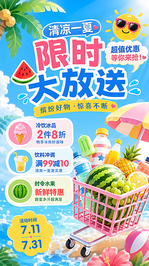 夏日促销活动清凉一夏超市商场限时抢购微信朋友圈小红书宣传海报