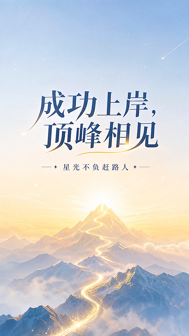 手机壁纸，上岸励志备考主题，设计简洁清新，包含励志文字文案"成功上岸，顶峰相见"和"星光不负赶路人"，适合备考学生使用，背景用淡雅蓝金色渐变，整体积极向上充满能量，适合做手机锁屏壁纸，竖构图