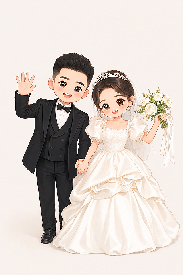 将这张婚纱照转换为Q版卡通风格，保留两个人物的姿势、婚纱西装和花束等特征，生成可爱的Q版插画