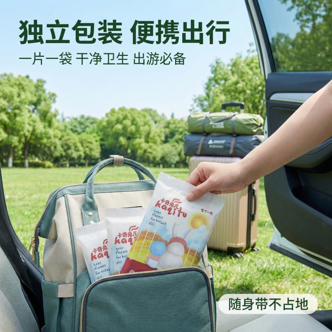 [主图 5] 
[主图主题] 独立包装便携式旅行装
[氛围/风格] 户外出游便携场景，清新明亮
[画面元素] 多片独立包装的纸尿裤放置在妈咪包侧袋里，一只手正在抽取，背景是户外车门边，放着行李箱和露营预览效果