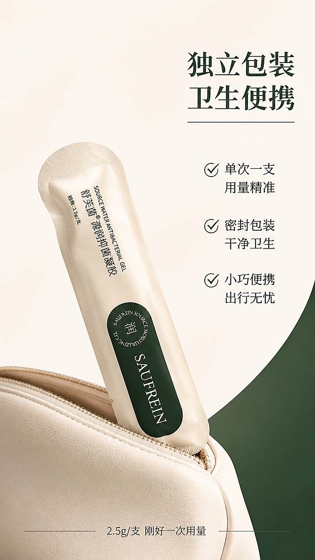 [第6屏] 独立包装细节-舒芙茵源润抑菌凝胶单支便携设计。本屏使用【图2】作为产品主体，展示独立包装设计细节。
[氛围/风格] 极简高级风，产品细节特写，商业摄影质感，突出便携与卫生。
[元素布局] 画面中央是单支凝胶产品的45°斜侧视角，占比约40%，清晰展示包装的弧度与封口设计；产品下方是一只小巧的米色化妆包开口，暗示可放入包中随身携带；背景为纯净的米白色，右侧有淡淡的墨绿色几何色块装饰；产品外观、颜色、墨绿标签、文字内容与输入图完全一致。
[光影质感] 左上方主光照明，产品右侧有柔和的补光，包装表面有细腻的高光，突出材质质感，下方有自然投影。
[配色色系] 全局底色 #F5F0E8 米白；主色墨绿 #2D4A36；辅助色浅米色、深灰。
[视角构图] 45°斜侧视角，产品居中偏左，右侧留白放文字信息，阅读动线从右上标题到左侧产品。
[文字版式] 右上角主标题「独立包装 卫生便携」；右侧竖排三个卖点：「✓ 单次一支 用量精准」「✓ 密封包装 干净卫生」「✓ 小巧便携 出行无忧」；底部有一行小字「2.5g/支 刚好一次用量」；文字清晰易读，墨绿与黑色搭配。
[比例分辨率] 9:16 竖版比例，4K分辨率，文字清晰可辨，高清画质。
[负向提示词] 产品变形，包装文字错误，颜色偏差，水印，文字过小，背景杂乱。