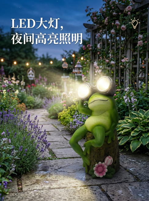 活泼风格，室外庭院场景，青蛙太阳能灯摆件，突出“LED大灯，夜间高亮照明”卖点，搭配简洁文字说明预览效果