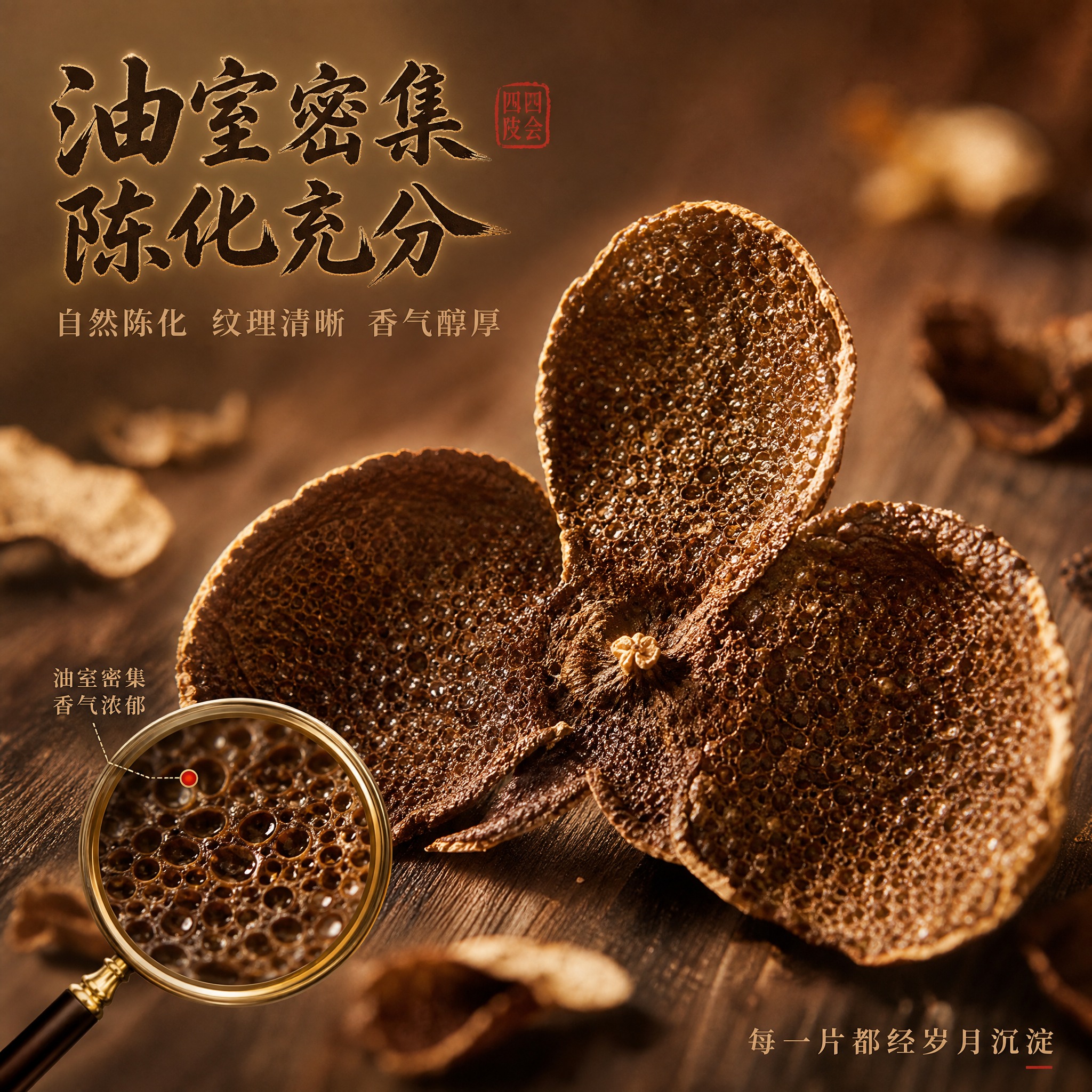 [主图-3] 四会原产老陈皮细节微距展示，突出油室纹理与陈化质… - 图片创意预览