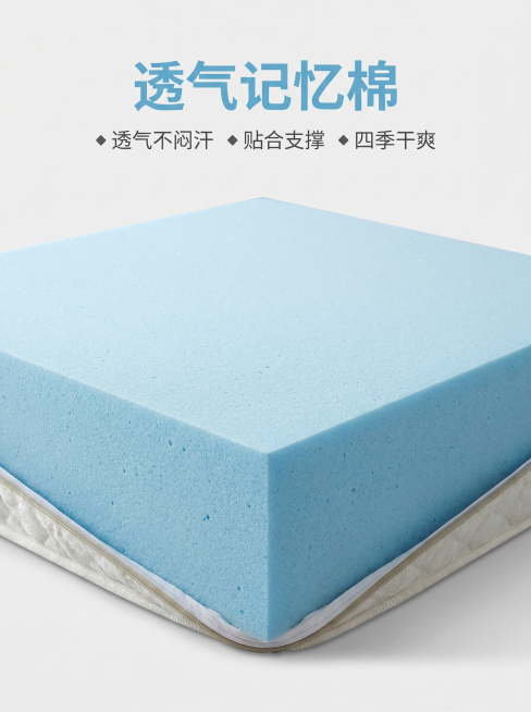 [主图 6] 透气记忆棉材质展示图
[氛围风格] 真实自然材质展现，干净通透
[画质] 商业摄影质感、光线柔和通透、产品清晰真实、画面干净高级
[元素] 完整展示整块浅蓝色透气记忆棉，保持记忆棉材质颜预览效果