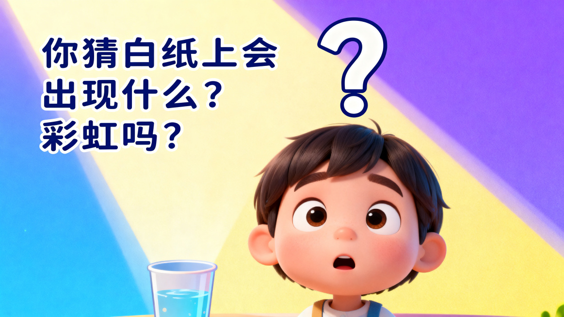 中班幼儿科学微课PPT内页，第4页彩虹预测游戏，卡通梦幻风格，皮克斯风格，明亮色彩，主色调蓝紫黄渐变，幼儿视角。卡通小朋友好奇脸，一个大问号，背景水杯加光束，可爱字体文字"你猜白纸上会出现什么？彩虹吗预览效果