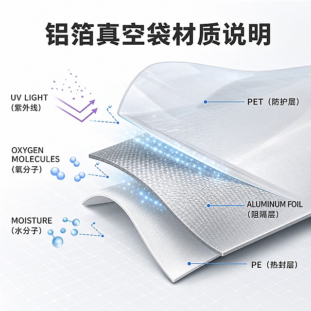[主图-4] 阴阳镀铝箔真空袋材质分层原理图，展示PET防护层、铝箔阻隔层、PE热封层的三层复合结构，直观解释防潮防氧化原理。
[统一基调] 整体风格为科技感品质风，背景主色为白色+浅灰网格底，标题字色为深灰近黑，辅助字色为中灰，强调色为科技蓝，字体为无衬线粗体，字号层级分明，整体专业可信。
[画面] 画面中央展示一片弯曲的阴阳镀铝箔袋截面，呈三层剥离展开状态：最上层为透明PET防护层（半透明掀起状态），中间层为银灰色铝箔阻隔层，最下层为白色PE热封层。三层结构清晰可见，层间有发光粒子效果示意阻隔功能。左侧有三组箭头+粒子示意图案，分别代表紫外线、氧分子、水分子被铝箔层阻挡的效果。各层旁有引线标注对应名称。顶部大标题。产品材质结构基于真实三层复合袋，禁止虚构不存在的材质层。
[光影质感] 科技感3D渲染质感，各层材质表现真实：PET层通透有折射，铝箔层有金属光泽和细腻纹理，PE层呈乳白色半哑光，层间有柔和的发光效果，整体干净专业有科技感。
[配色] 背景白色+浅灰科技网格，铝箔层银灰色，PET层透明带淡蓝，PE层乳白色，标注文字深灰色，强调色科技蓝用于粒子和箭头，整体明亮专业。
[文字版式] 顶部主标题"铝箔真空袋材质说明"，深灰加粗大字。三层结构各有引线标注，从上到下分别为"PET（防护层）"、"ALUMINUM FOIL（阻隔层）"、"PE（热封层）"，文字为深灰色小号字。左侧三组功能示意旁各有英文+中文标注："UV LIGHT（紫外线）"、"OXYGEN MOLECULES（氧分子）"、"MOISTURE（水分子）"。所有文字清晰可读。
[输出要求] 比例1:1，文字清晰可读，材质结构清晰，科技感电商主图质感。禁止产品变形，禁止改变产品直径，禁止改变形状，禁止改变透视角度，禁止重新绘制产品，禁止新增产品，禁止减少产品，禁止改变产品颜色。禁止错字、模糊、杂乱、水印、平台Logo。