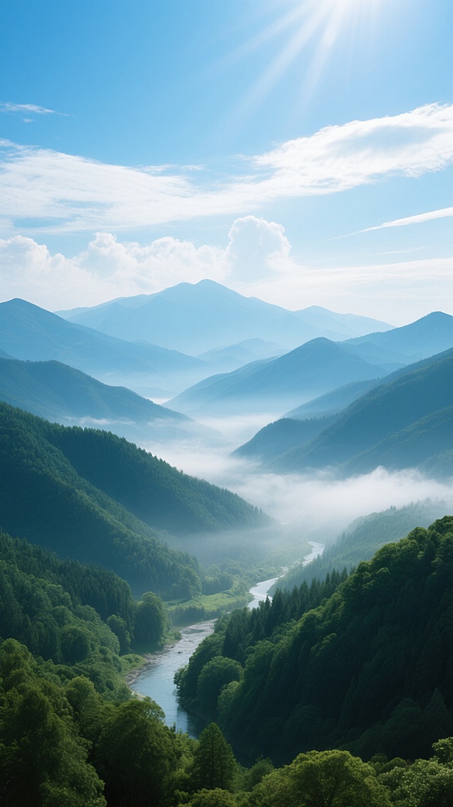 超写实风格的山水风景摄影，晨光中的远山背景，连绵起伏的层叠山峦，近处是茂密的深绿色森林覆盖的山峰，中景为云雾缭绕的山谷和蜿蜒流淌的清澈河流，远景是淡蓝色的朦胧山脉轮廓，天空呈现明亮的蔚蓝色并点缀着几缕白色云朵，阳光从云层间隙洒落形成柔和的光线效果，整体画面充满清新自然的氛围，色彩以翠绿、深绿和蓝色为主色调，光影层次分明，具有强烈的空间纵深感和宁静致远的意境。