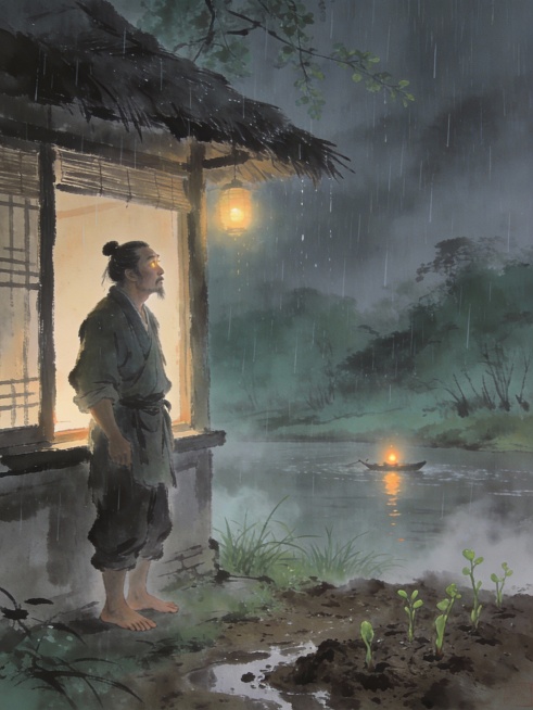中国水墨风格，成都浣花溪畔春夜，细雨如丝，茅屋微灯，一位中年文人赤脚立于窗边凝望雨幕，神情疲惫却眼含微光；远处江面一点渔火摇曳，近处泥土湿润、新芽初萌，空气中弥漫淡淡水汽与青草气息；整体色调青灰微暖，预览效果
