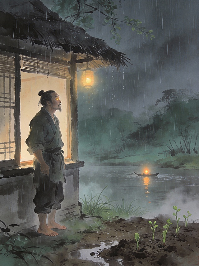中国水墨风格，成都浣花溪畔春夜，细雨如丝，茅屋微灯，一位中年文人赤脚立于窗边凝望雨幕，神情疲惫却眼含微光；远处江面一点渔火摇曳，近处泥土湿润、新芽初萌，空气中弥漫淡淡水汽与青草气息；整体色调青灰微暖，氛围静谧温柔，兼具古典诗意与现代治愈感，写意与写实结合，8K细节