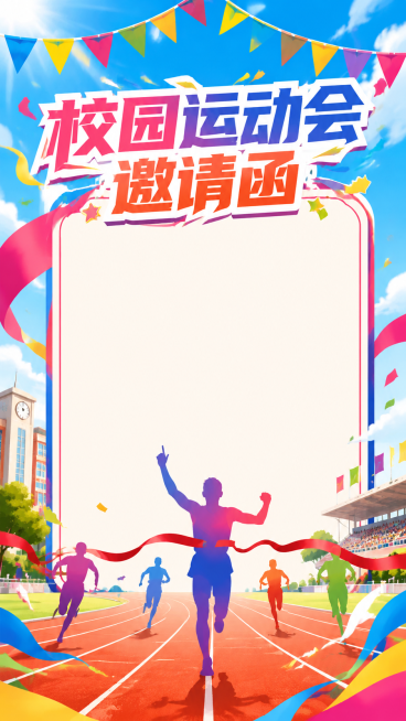 校园运动会邀请函设计，青春活力风格，画面包含跑道、运动健儿剪影、彩旗元素，整体配色鲜艳明亮，顶部设计醒目标题"校园运动会邀请函"，下方预留文字信息区域，校园青春氛围感设计海报预览效果