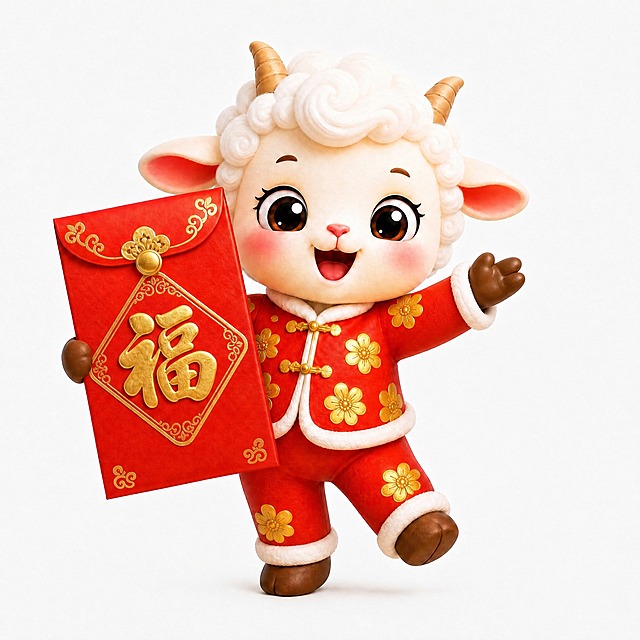 去掉小羊左手中的鞭炮和火花效果，左手自然抬起或做出可爱的姿势。其余保持不变：卡通3D渲染风格，可爱的羊吉祥物站姿，头上2个小羊角，身体圆润饱满，大而明亮的眼睛，穿着喜庆红色年服，年服上有金色花朵装饰，右手拿着大大的红色福字红包，表情欢快活泼，纯白色背景，3D卡通渲染质感，柔和光线，细节精致
