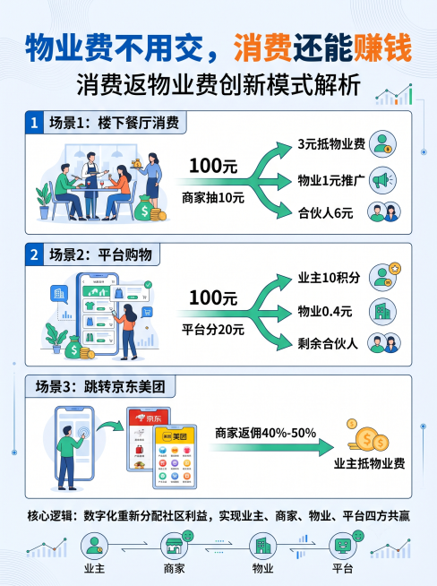 简约风格3:4宣传图，主标题"物业费不用交，消费还能赚钱"，副标题"消费返物业费创新模式解析"，包含三个真实场景分配规则：1.楼下餐厅消费100元，商家抽10元：3元抵物业费+物业1元推广+合伙人6元预览效果