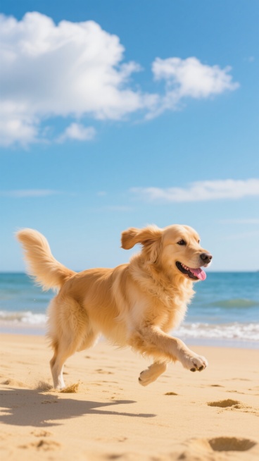 一只毛发呈温暖金黄色、带有蓬松质感的金毛寻回犬，正保持着向前奔跑的动态姿态，耳朵自然向后扬起，尾巴高高翘起并自然舒展，嘴巴张开露出粉色舌头，眼神明亮充满活力，前爪抬起、后爪蹬地，展现出欢快奔跑的瞬间。它身处一片阳光明媚的沙滩环境中，脚下是细腻柔软的金黄色沙子，背景可见波光粼粼的蓝色海水与远方海天相接的地平线，天空中飘着几朵洁白的云彩，温暖的阳光洒在狗狗身上形成柔和的高光与自然阴影，整体画面呈现……预览效果