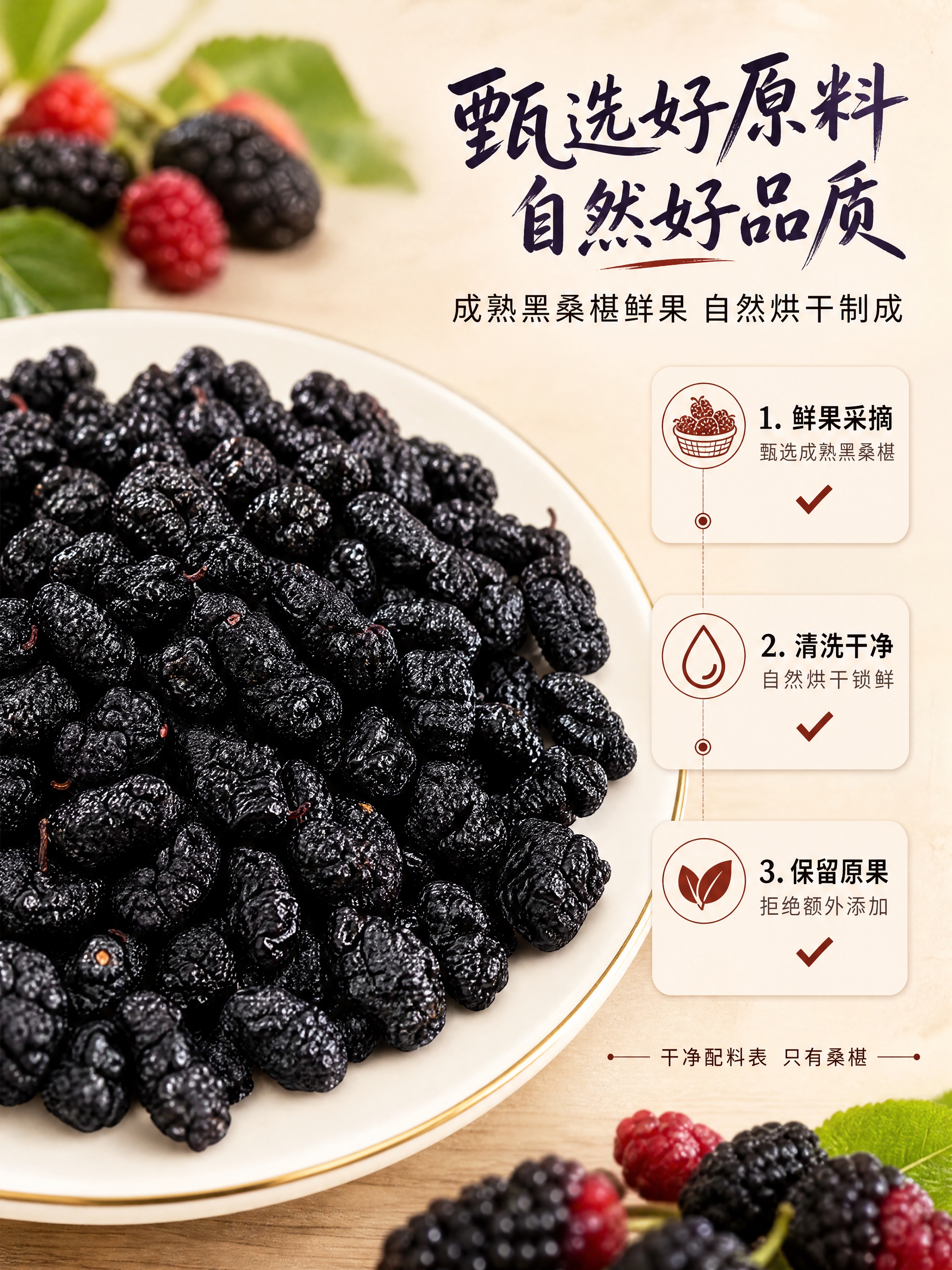 [商品] 使用【图1】白瓷盘桑椹干特写；保留桑椹干深紫黑色、颗… - 图片创意预览