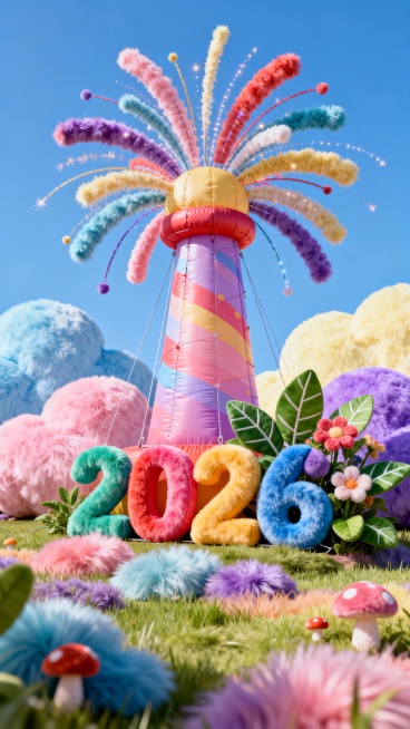 主体为烟花造型的充气装置，前有彩色“2026”字，旁边少许绿植花卉簇生，背景蓝天预览效果