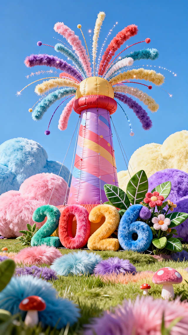 主体为烟花造型的充气装置，前有彩色“2026”字，旁边少许绿植花卉簇生，背景蓝天