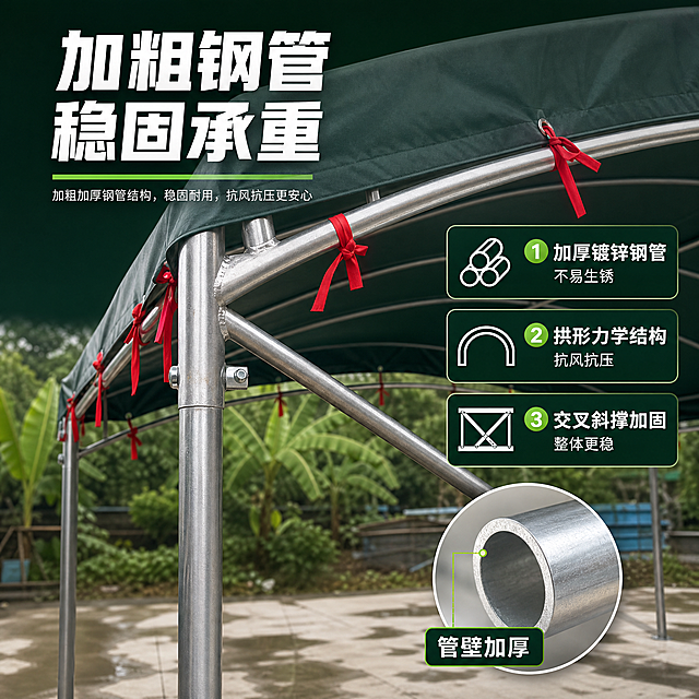 [主图-2] 加粗钢管结构卖点图，核心任务是证明帐篷支架钢管加粗、结构稳固，打消客户对牢固度的顾虑。
[统一基调] 国内电商建材类专业风格，深墨绿色为主色，白色为主标题字色，亮绿色为强调色，银色钢管为金属质感色；字体用粗黑体，标题最大最粗，辅助文字缩小50%以上，整体干净稳重有工厂源头感。
[画面] 主体为墨绿色酒席帐篷的局部近景，重点展示银色镀锌钢管支架结构，包括立柱、拱形顶梁、交叉斜撑，钢管粗壮厚实，连接处有红色绑带固定篷布。帐篷外观必须与参考图完全一致。视角为侧面中近景，聚焦左侧立柱和顶部拱形钢管结构，钢管占画面主要视觉。背景是模糊的户外场地，突出前景钢管。顶部大标题两行：「加粗钢管」「稳固承重」。右侧三个编号卖点卡片，每个卡片有图标和文字：「1 加厚镀锌钢管 不易生锈」「2 拱形力学结构 抗风抗压」「3 交叉斜撑加固 整体更稳」。右下角放一个钢管截面放大圆框，展示钢管厚度，旁边标注「管壁加厚」。
[光影质感] 商业摄影质感，自然光下钢管有清晰金属反光和明暗层次，焊缝和管壁厚度清晰可见，阴影自然，突出金属质感和粗壮感。
[配色] 主色深墨绿色，标题白色，强调色亮绿色，钢管银色金属感，背景浅灰绿色虚化，整体专业有力量感。
[文字版式] 顶部粗黑体大标题，右侧卡片白色文字配深绿底，编号用亮绿色圆圈，文字清晰不遮挡钢管关键结构。
[输出要求] 1:1正方形，文字清晰，产品结构清晰不变形，无错字，无水印，无平台logo。