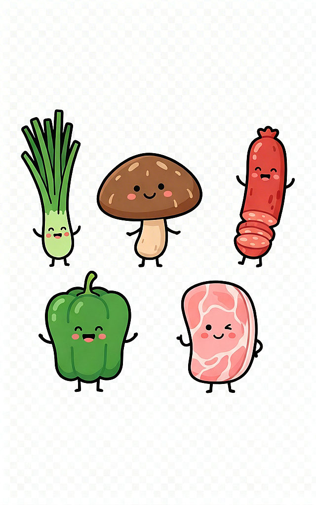 去掉这张图片中的所有水印，保留五个拟人化食材（韭菜，香菇，腊肠，青椒，肉片）保持卡通可爱风格不变，保留透明的棋盘格背景，不要改变原图的构图和形象，只移除水印文字