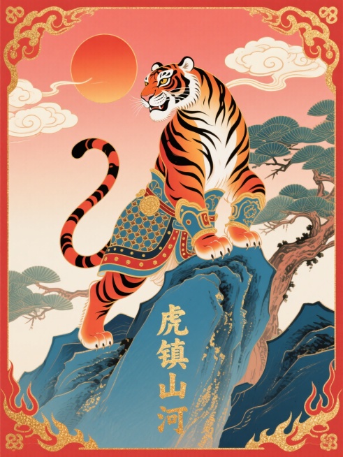 中国传统木版年画风格，拟人化虎披战甲踞山岩，背景青松与旭日，四角祥云火焰纹，底部竖排“虎镇山河”，工笔重彩，大红配靛蓝，金粉勾边，瑞兽元素预览效果
