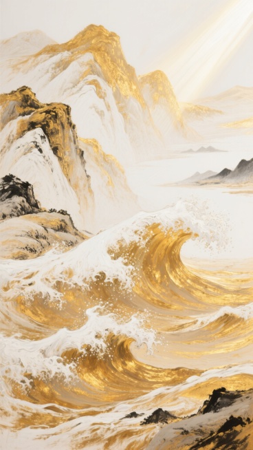 全景构图，一幅融合东方水墨意境与抽象表现主义的金白山水画卷，粗粝的油画笔触勾勒出层叠起伏的山峦轮廓，以厚重的暖金色与纯净的象牙白交织出天地苍茫的壮阔。画面中央，鎏金般的笔触化作奔涌的黄河巨浪，浪花以飞溅的纯白油彩呈现，右上方斜射而下的天光在金色浪尖上洒下耀眼的高光，而波谷处沉淀着琥珀色的阴影。左侧以皴擦技法表现的群山呈现出象牙白与香槟金的渐变层次，右侧留白处隐约可见淡墨色的远山剪影，整体构图遵……预览效果