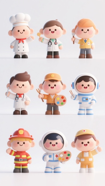 3D卡通风格，Q版可爱人物，白色背景，圆润饱满的造型，明亮清新的色彩，柔和的光影效果，高光细节丰富，不同职业造型的卡通人物，如医生、厨师、消防员、画家、宇航员等，每个角色都有符合职业特征的服饰和道具，表情生动活泼，肢体动作自然夸张，整体风格统一，充满童趣和亲和力，高分辨率，细节精致。预览效果