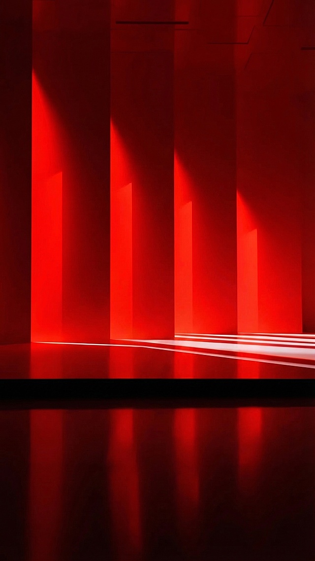 去掉图片中所有的文字和人物，保留原有的红色光影长廊空间、红色竖柱和反光地面的设计风格，保持整体氛围和色调不变