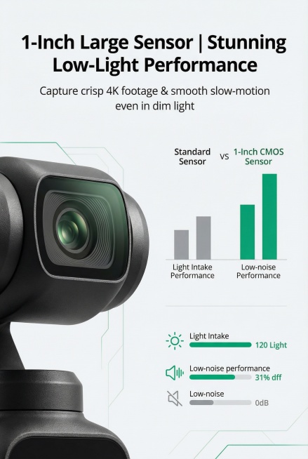 2:3 竖屏，美式极简专业风跨境电商详情页第二屏，严格还原原产品图细节，产品尺寸比例保持 1:1；画面左侧放置 1:1 比例的产品特写图，聚焦镜头与传感器区域，右侧用数据可视化图表展示 1 英寸 CM预览效果