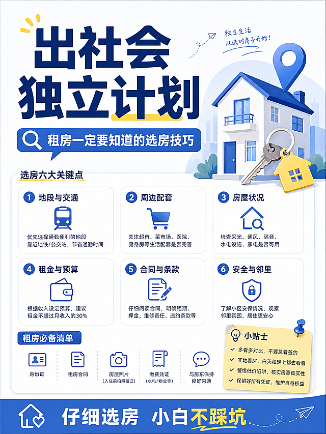 宣传海报，主题是出社会独立计划，主标题:"出社会独立计划"，副标题:"租房一定要知道的选房技巧"，底部标语:"仔细选房 小白不踩坑"，现代简约风格，清晰实用的租房知识科普海报，排版清晰，色彩简洁明快