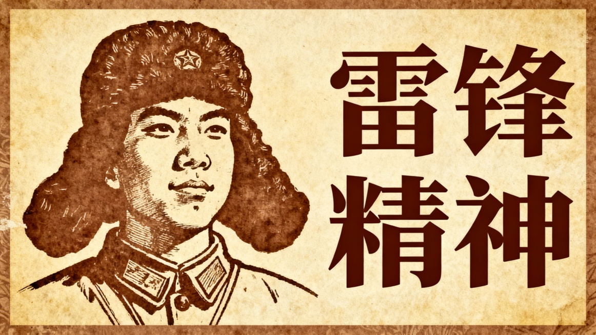 精美工笔画老课本风格横屏海报，包含雷锋头像，搭配醒目的“雷锋精神”文字，整体色调复古有年代感，画风细腻典雅，排版协调美观预览效果