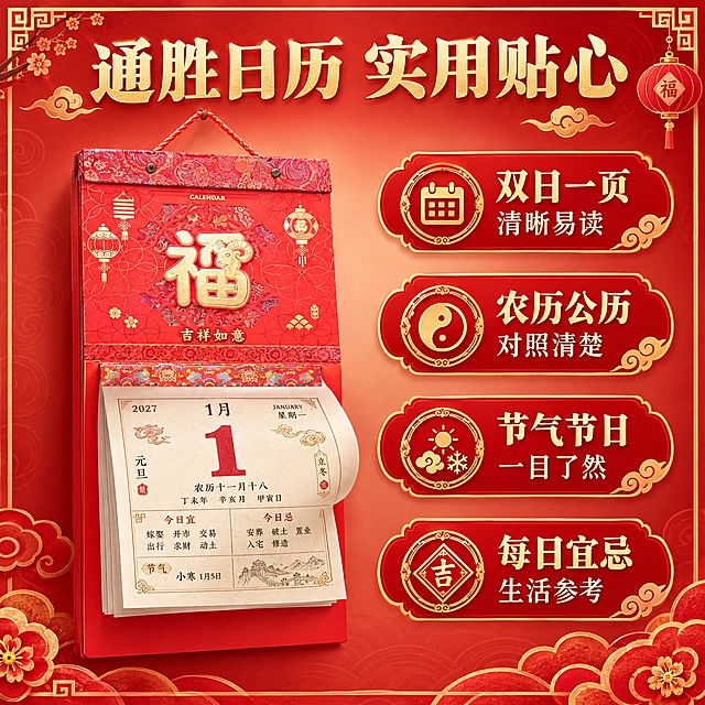 [主图-2] 核心亮点功能展示，介绍通胜撕历的内容与实用价值，突出双日一页、农历公历对照等特点。严格保留产品本身样子，不改动产品外观。
[统一基调] 整体风格为传统年俗喜庆风，背景主色为中国红渐变搭配金色祥云暗纹，标题字色为烫金色，辅助字色为米白色，强调色为正红色，字体为大气宋体结合，字号层级分明，信息卡片用金色描边红底样式，整体传递高端喜庆的年历福文化质感。
[画面] 产品位于画面左侧，翻开状态展示内页日历内容，封面保留原图浮雕设计外观不变，内页展示日期、农历、节气等日历信息，纸张质感清晰。右侧为信息展示区，用图标+文字列出四大实用特点。背景为浅红色渐变，点缀传统回纹边框装饰。
[光影质感] 商业摄影质感，翻开的页面有自然的书页弧度和阴影，内页文字清晰可读，纸张质感真实，整体光线均匀柔和。
[配色] 主色中国红+烫金色，内页米黄底黑色文字，信息卡片红底金字，整体协调统一。
[文字版式] 顶部大标题"通胜日历 实用贴心"烫金色加粗。右侧四个特点竖向排列，配传统图标：1."双日一页 清晰易读" 2."农历公历 对照清楚" 3."节气节日 一目了然" 4."每日宜忌 生活参考"。每个特点为红底金字圆角卡片，图标为金色传统纹样。
[输出要求] 1:1正方形比例，2K分辨率，文字清晰，产品封面外观与原图一致，无变形错字，无水印无平台Logo。