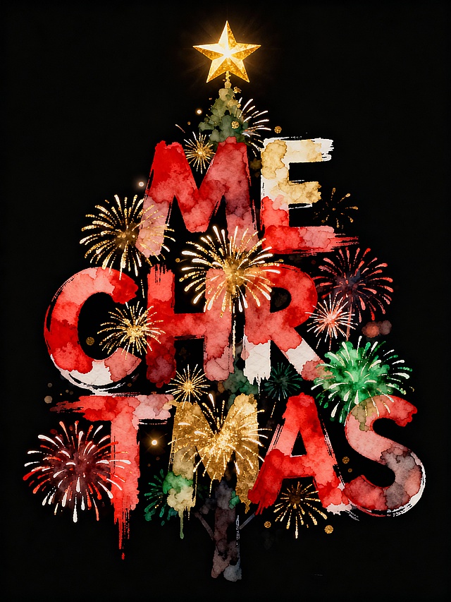 水彩风圣诞树造型，大字“MERRY CHRISTMAS”融合烟花粒子效果，插画风格呈现喜庆梦幻氛围，闪耀金色星顶，酷炫节日视觉。