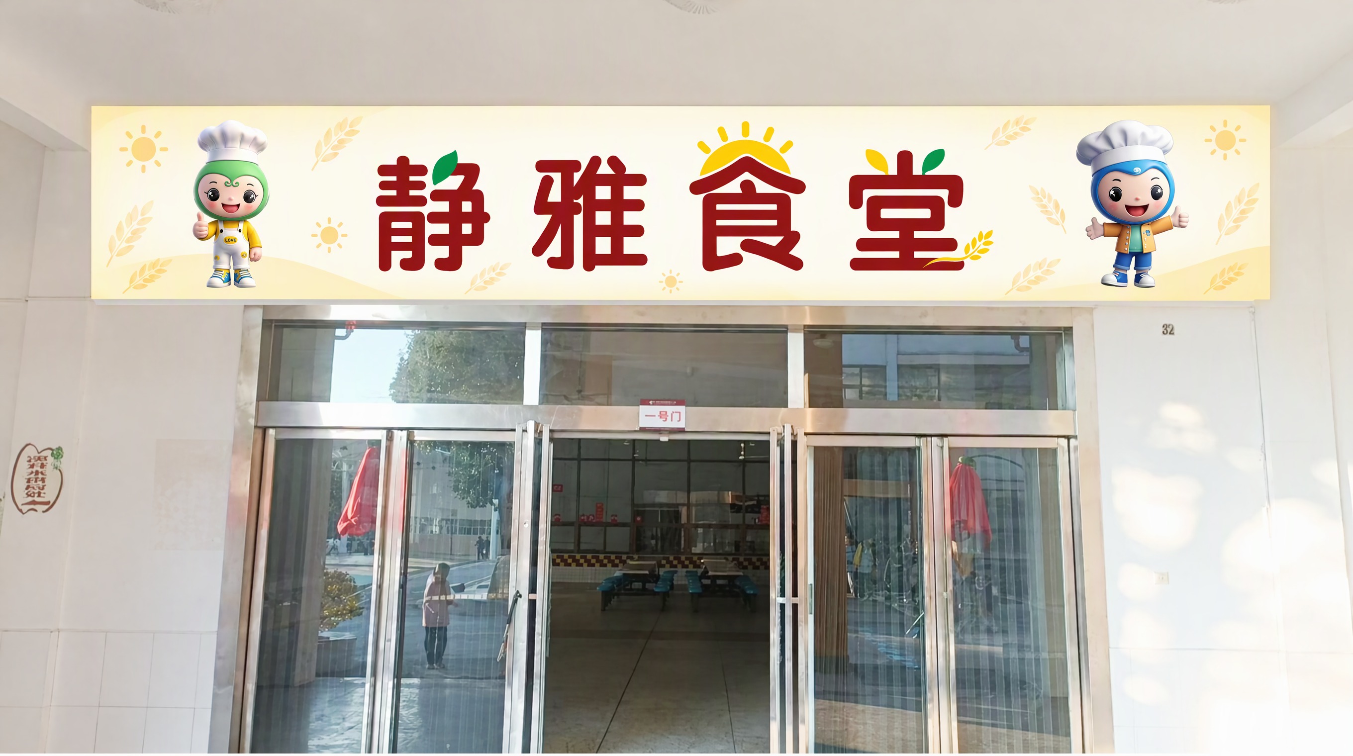 优化这张小学食堂入口招牌灯箱的背景设计，保持招牌上的'静雅食堂… - 图片创意预览