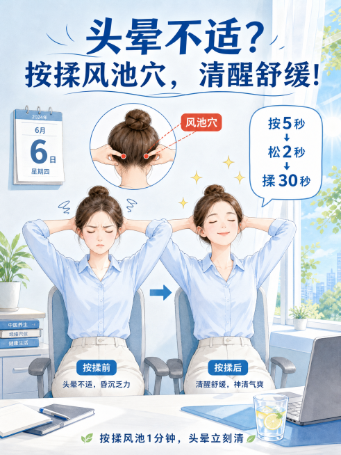 明亮简洁的办公室场景，一位年轻女性坐在椅子上，双手抱头，拇指按在后脑勺下方两条大筋外侧的凹陷处（风池穴），拇指处有红色圆点标记和文字"风池穴"。旁边有一个小气泡图示：按5秒→松2秒→揉30秒。背景有日预览效果