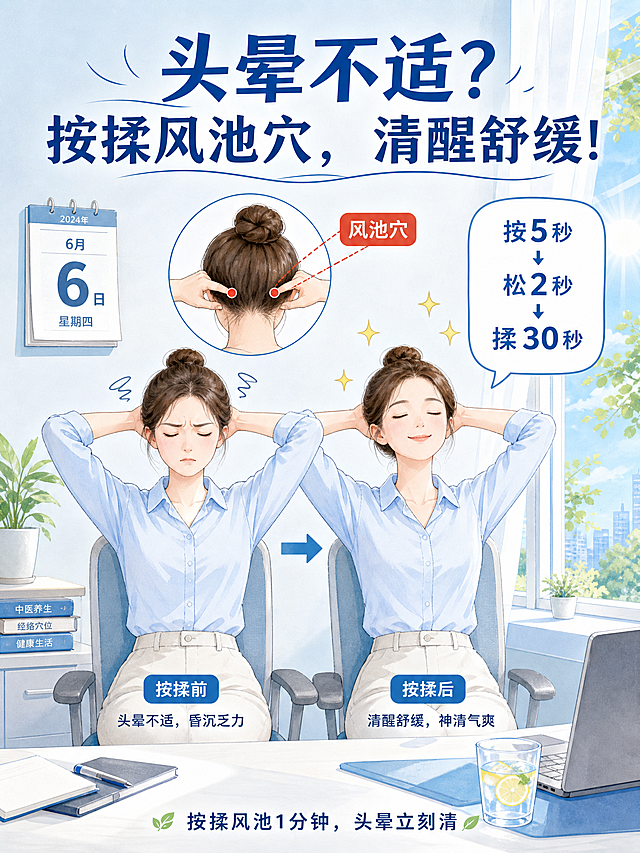 明亮简洁的办公室场景，一位年轻女性坐在椅子上，双手抱头，拇指按在后脑勺下方两条大筋外侧的凹陷处（风池穴），拇指处有红色圆点标记和文字"风池穴"。旁边有一个小气泡图示：按5秒→松2秒→揉30秒。背景有日历显示"6月6日"，窗外有夏日阳光。她的表情从微微皱眉（头晕）变成放松微笑（清醒）。整体色调清凉浅蓝色、米白色，手绘插画风格，清晰科普。画面下方写一行小字"按揉风池1分钟，头晕立刻清"。