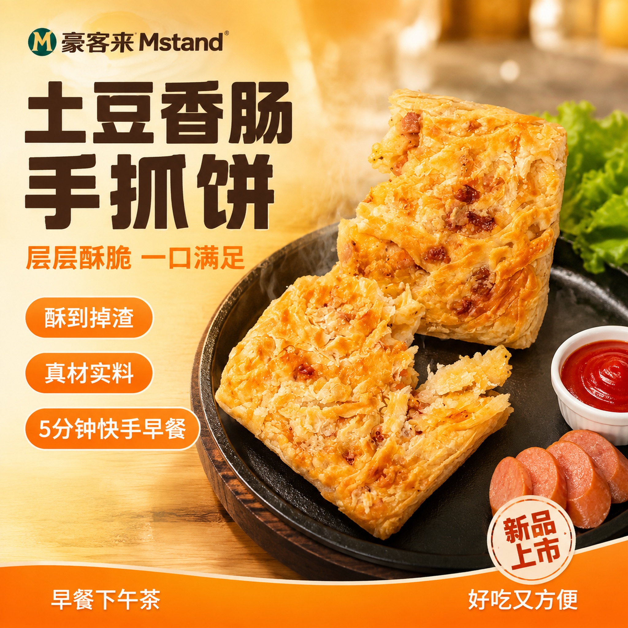 单张电商爆款主图，豪客来Mstand土豆香肠手抓饼，爆款促销感… - 图片创意预览