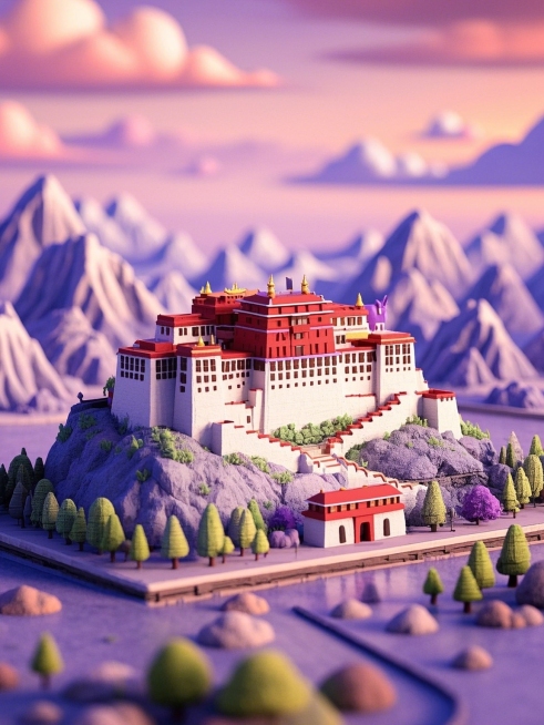 布达拉宫，大面积的留白，新工笔，超精细的画作，质感最好，精致感十足，山水，红色，紫色，统一颜色预览效果