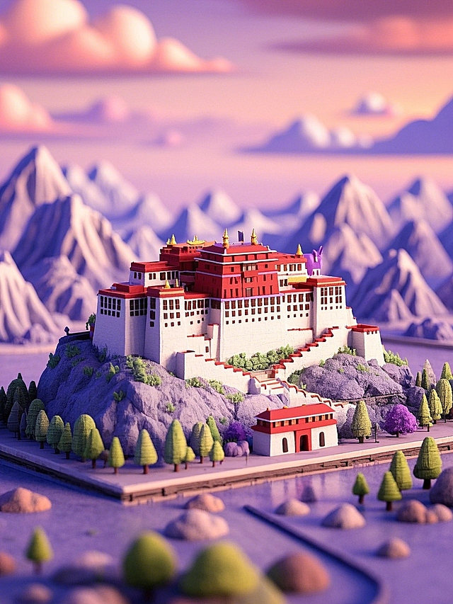 梦幻3D微缩艺术，超现实主义风格，卡通感宫殿与雪山，营造童话般奇幻氛围。