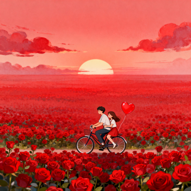 唯美可爱风格插画，红色渐变背景，画面主题为红色玫瑰花海，中下方有一对情侣骑自行车，女孩坐在后座搂抱男孩腰部，自行车后座绑着红色爱心气球，上方为夕阳渐变红色云彩，云彩分布自然自然开阔，玫瑰花海占画面三分预览效果