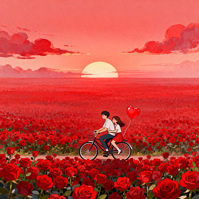 唯美可爱风格插画，红色渐变背景，画面主题为红色玫瑰花海，中下方有一对情侣骑自行车，女孩坐在后座搂抱男孩腰部，自行车后座绑着红色爱心气球，上方为夕阳渐变红色云彩，云彩分布自然自然开阔，玫瑰花海占画面三分之一，整体为红色调，画面大气宽阔，高清晰画质，画风统一唯美可爱