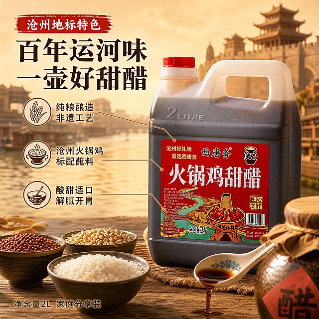 [主图-2] 沧州特色产地溯源与核心卖点图。
[氛围风格] 沧州地域文化特色风，古城运河元素融合粮油品质感，温暖厚重。
[画质] 商业摄影质感、光线柔和通透、产品清晰真实、画面干净高级，超高清细节。
[元素] 画面中央偏右放置西唐务火锅鸡甜醋2L桶装产品，45度斜侧视角展示瓶身立体感；保持产品外观与输入产品图完全一致，杜绝变形色差。商品主体占比约55%。产品左后方融入沧州大运河与古城楼的剪影插画风格背景，运河水面波光粼粼，远处有古粮仓与牌坊，体现沧州地域文化。产品前方摆放几样纯粮原料：高粱、小麦、大米，盛放在粗陶小碗中，旁边有一个正在倾倒醋液的小瓷勺，醋丝顺滑透亮。画面右下角有一个老式醋坛局部，呼应传统酿造工艺。
[光影] 暖金色侧逆光从右上方照射，原料颗粒质感清晰，醋液通透有光泽，产品标签文字清晰可读，背景古城剪影柔和虚化，整体温暖厚重有历史感。
[配色] 主色调土黄赭石（古城运河），辅助色深褐红（产品），强调色金黄（粮食物料高光）。
[视角构图] 平视略仰视，产品为视觉中心，原料作前景层次，背景古城剪影营造地域氛围，景深中等偏浅。
[文字版式] 画面左上区域排版，左对齐。顶部"沧州地标特色"用红色印章式横条，白字。主标题"百年运河味 一壶好甜醋"用粗黑体，深棕色，字号最大。下方用引线从产品标签处引出三个卖点，竖排分布："纯粮酿造 非遗工艺""沧州火锅鸡 标配蘸料""酸甜适口 解腻开胃"，每条配一个小图标，引线为细金色实线。底部标注"净含量2L 家庭分享装"，细黑体浅棕色。
[输出要求] 1:1比例，文字清晰可辨，超高清商业摄影质感。
[负向提示词] 变形，文字错乱，产品图模糊，背景杂乱，水印，电商平台Logo，多余的手，畸形手，人物面部扭曲。