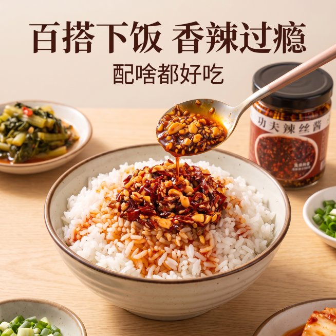 将图片调整为1:1比例的商品主图，保留原辣椒酱浇饭主体内容，优化构图适配1:1电商主图，保持商品细节清晰预览效果