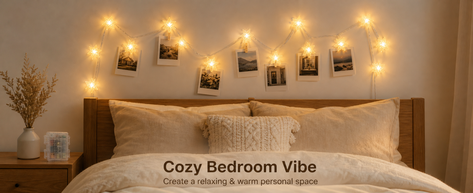 Star-shaped fairy string lights cozy bedroom display.  
Style: Warm relaxing real bedroom, soft ligh预览效果
