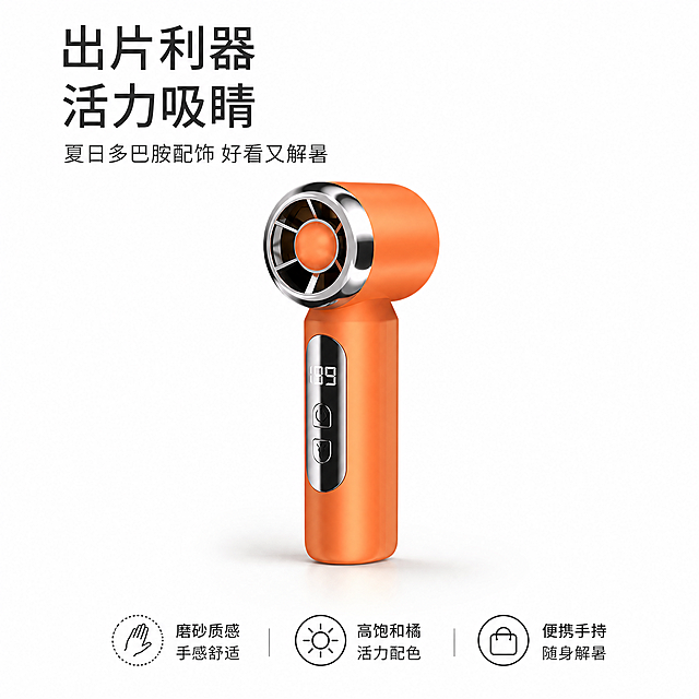 [单张主图] 手持风扇，高级氛围感主图，适配亚马逊跨境平台，核心目标是突出产品活力吸睛颜值和实用解暑卖点。
[画面主体] 保持原产品的外观、橙色高饱和配色、磨砂质感、银色装饰圈、数显屏和按键结构与输入产品图绝对一致，杜绝任何变形和色差，精细化处理产品细节。手持风扇居中放置，占画面约50%比例，完整展示产品全貌不裁切。
[构图版式] 中轴诗意氛围型，产品居中略下位置，主标题放置在产品上方偏左，使用大号中文分行排版，背景为极简纯白色，画面整体留白充足，保持干净高级。
[场景元素] 极简纯白背景，搭配柔和柔光阴影，无多余道具干扰，仅在底部增加三个轻图标分别对应核心卖点。
[文案版式] 上方主标题写"出片利器 活力吸睛"，下方副文案写"夏日多巴胺配饰 好看又解暑"，三个轻图标卖点分别对应：磨砂质感 手感舒适，高饱和橘 活力配色，便携手持 随身解暑。所有文字放置在留白区域，不遮挡产品主体。
[光影质感] 柔光摄影棚布光，主光从正面偏上打来，产品边缘形成柔和轮廓光，底部添加自然柔和的浅阴影，整体光线均匀通透，清晰呈现产品磨砂肌理和金属高光，背景干净纯白，突出产品主体。
[配色字体] 主背景为纯白色，文字使用深灰色与产品橙色形成柔和对比，字体选用轻无衬线字体，字重克制，主标题比副标题大，层级清晰自然，符合极简高级风格。
[比例分辨率] 1:1 比例，2K 分辨率，文字清晰可辨，超高清画质。
[负向提示词] 变形，水印，文字错乱，产品图模糊，背景杂乱，主体遮挡，错字，伪Logo，低清晰度，错误结构，多余道具，色彩失真