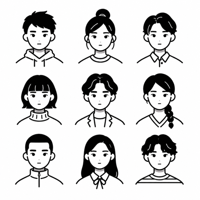 参考当前图片的黑白简约线条风格，重新生成九张不同发型不同穿着的人物头像集合，保持3行3列排列，延续极简插画设计风格预览效果